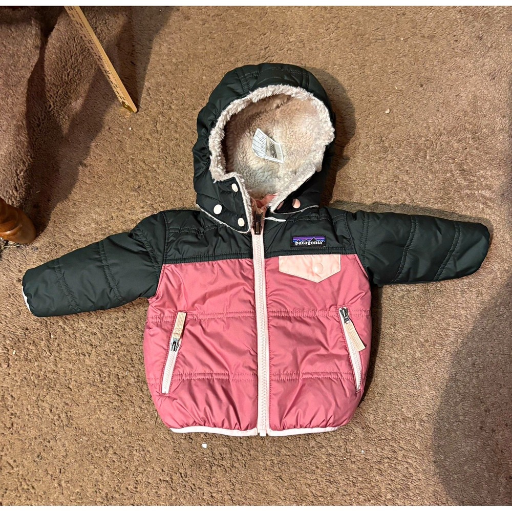 Patagonia Baby 3-6M Reversible Tribbles Hoody Puffer Jacket Pink Green Fleece